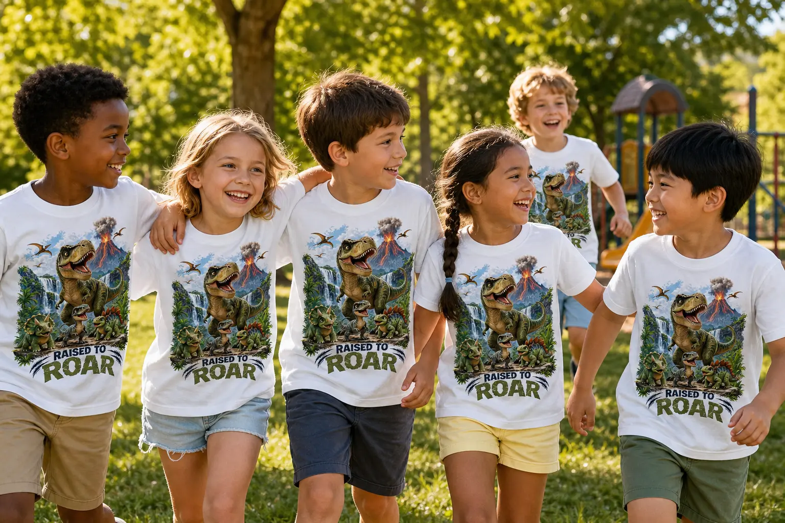 Kids wearing Raised to Roar white shirts